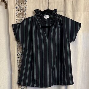 Navy and Green Striped Blouse with Ruffle Collar